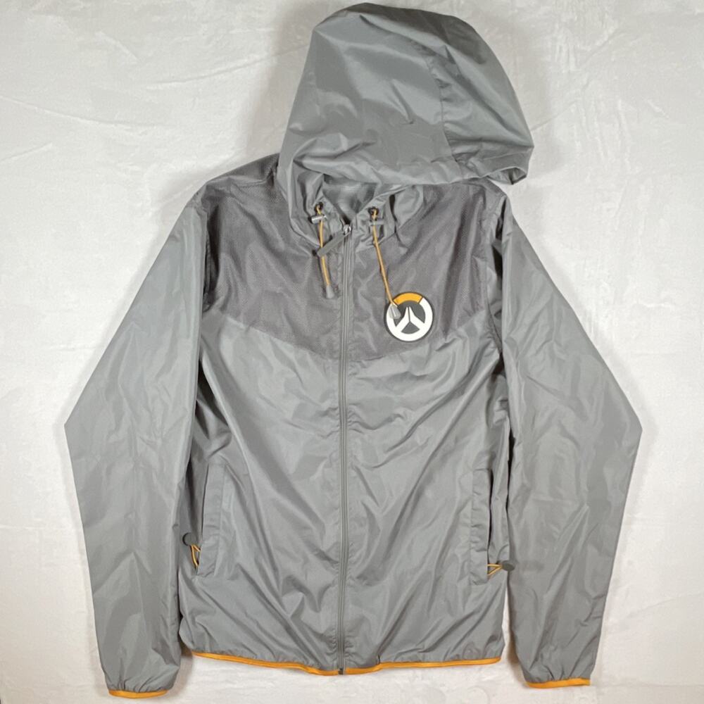 Jinx Overwatch Gray Yellow Hooded Windbreaker Jacket Full Zip Logo Accents L